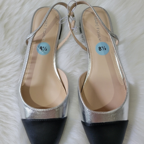 Marc Fisher Silver and Black Women's Slingback Flats - Picture 3 of 9